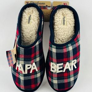 Mens XL 13-14 Dearfoams Papa Bear Clog Slippers Red Navy‎ Plaid Cozy Comfort